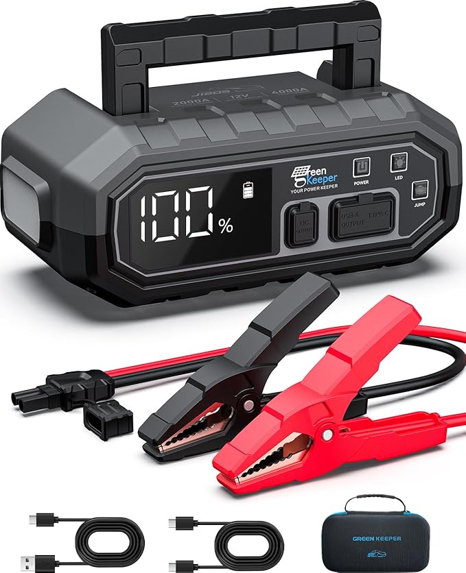 4000A Portable Car Jump Starter: 12V Battery Jumper Box Emergency Kits for 10.0L Car Truck, Auto Booster Start Pack, Fast Charger Power Bank with USB C Ports, LED Light, Smart Protection, GK-J1205