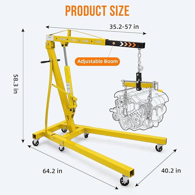 Engine Hoist with Lever, 2 Ton 4000 Lbs Heavy Duty Folding Cherry Picker Engine Lift Hydraulic Tilting Engine Shop Crane with 6 Iron Caster Wheels Telescopic Boom Hitch,Yellow