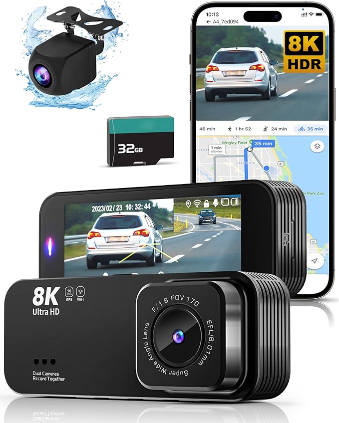 Dash Cam Front and Rear, 8K/2.5K UHD Dash Camera for Cars, Dash cam with 32GB Card, Built-in Wi-Fi & GPS, 3.16”IPS Screen, Night Vision, 170°Wide Angle, WDR, 24H Parking Mode