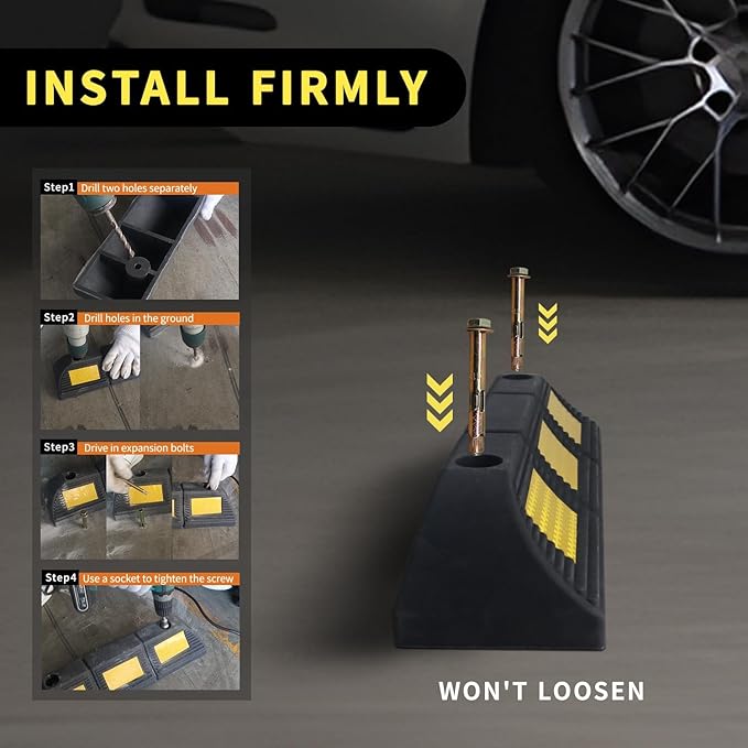 Parking Stopper for Garage Parking Aid 4 Pack Block, Car Truck Curb Floor Parking Lot Wheel Tire Stops Bumpers with Bolt Installation, Rubber Vehicles Aid Gadgets