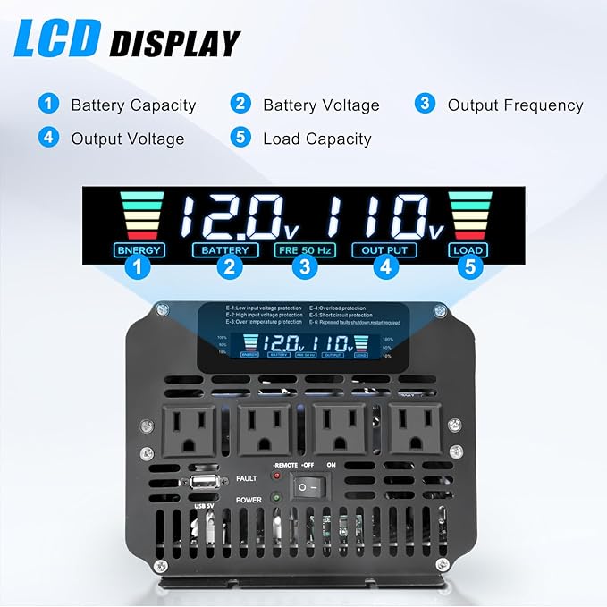 LVYUAN 4000 Watt Power Inverter 12V to 110V 120V for Vehicle, Solar Inverter System, Heavy Duty, RV, Truck, Off Grid,Camping with 4 AC Outlets, LCD Display, Wireless Remote Control, Car Power Inverter