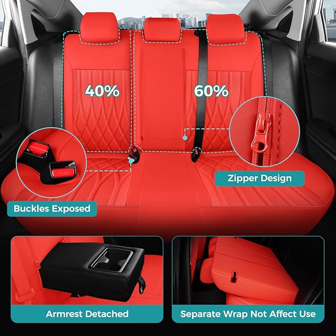 Seat Covers for Honda Civic Hatchback EX, Sport Touring, EXL 2016 2017 2018 2019 2020 2021, Faux Leather Car Seats Cover Full Set(Rear Row 40/60 Split & Folding Backrest)-RED