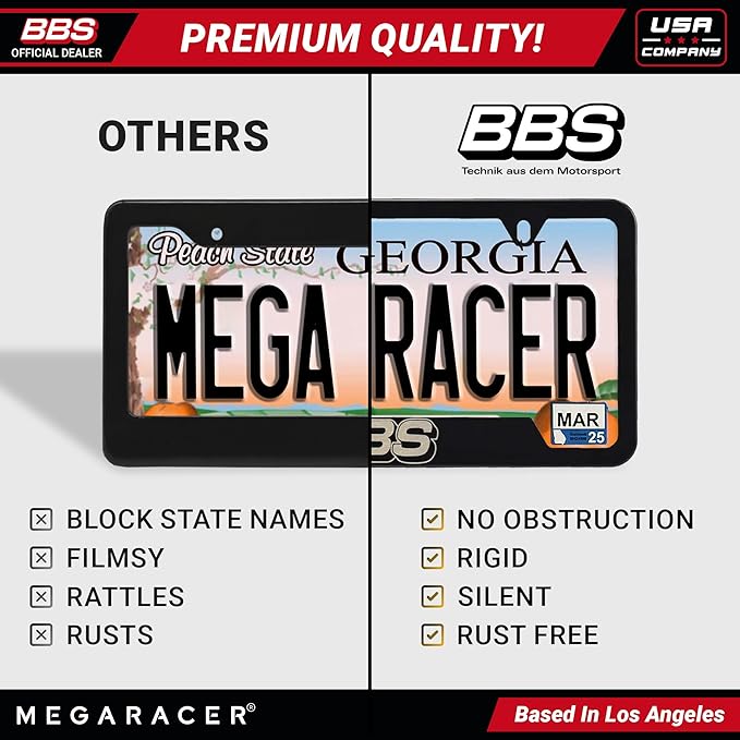 BBS Official Black Stainless Steel License Plate Frame – Made in USA – Premium Rustproof Powder-Coated Metal Car Accessory – Universal Fit – 1 Pack