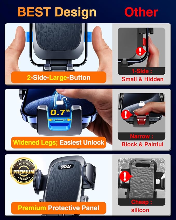 [True Military-Grade & 360 Degrees Rotatable Suction] 2025 YRU Ultimate Car Phone Holder Mount 【90+LBS Safest Strongest&Patent Cert】Dashboard Windshield Vent for iPhone 16 15 Pro Max Samsung,Jet Black