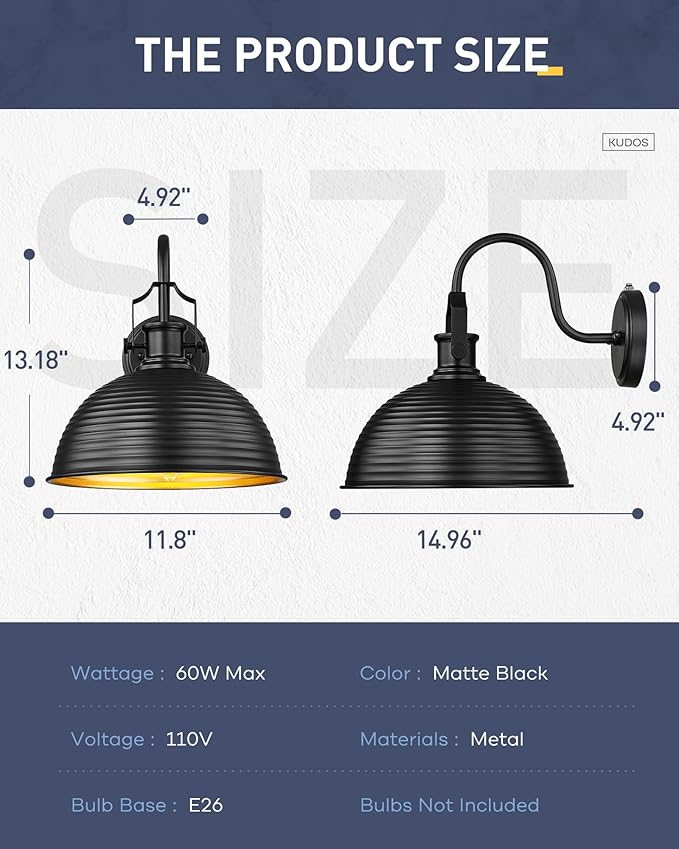 kudos Dusk to Dawn Sensor Outdoor Light Sconces Wall Mount, 12" Large Waterproof Farmhouse Porch Light, Exterior Garage Light Fixtures, 1 Pack, KDOWL04-BK-S-LC