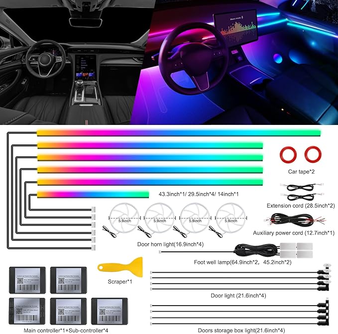 Dream+Color Acrylic Interior Car LED Strip Light with APP, RGB 22 in 1 with 175 inches 600 LEDs Fiber Optic Ambient Lighting Kits, Dynamic Chasing Music Sync Neon LED Strip for Car Accessories