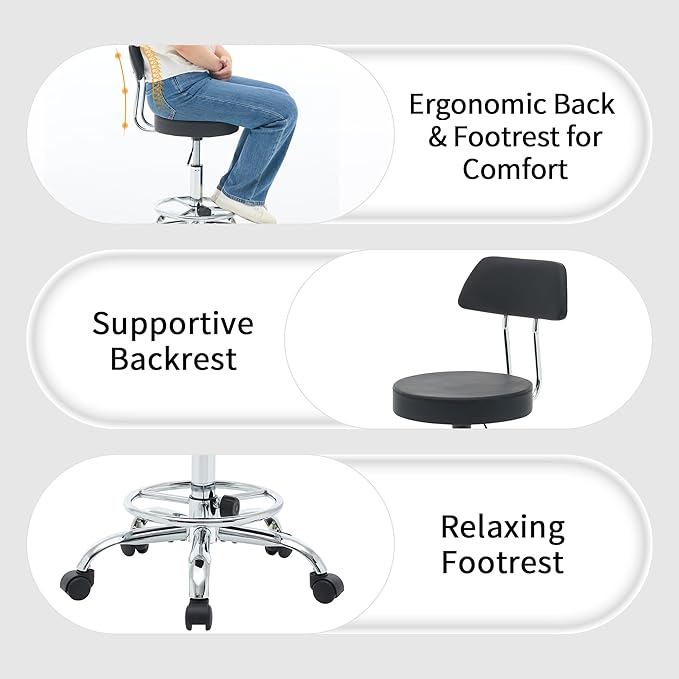 Office Chair with Back (Adjustable Height Posture Stool 19.5’’-26.6’’)(Drafting Chair on Wheels) Work Stool with Footrest (Black)
