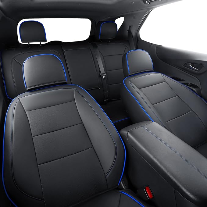 RISINGSTAR Terrain Seat Covers, fit for 2018-2024 GMC Terrain SUV with Rear Split Seats, Water Proof Faux Leather(Full Set, Black&Blue)