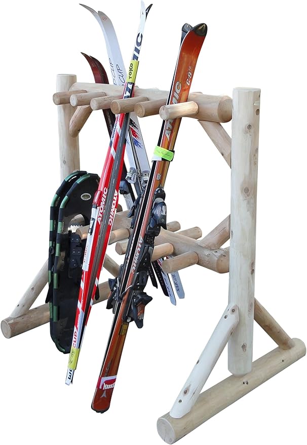 11-Place Freestanding Log Ski Rack Holder, Indoor & Outdoor Snowboard Racks, Standing Storage, Garage Racks for Snow Skis, Durable Snowboard Rack Garage Storage Organizer - Unfinished + 15" Anchor Kit