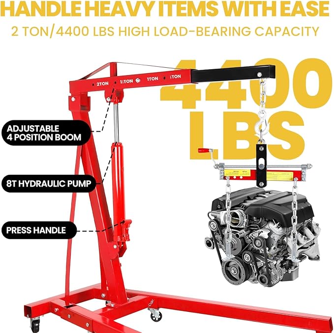 Engine Hoist Cherry Picker with Leveler, 2-Ton Folding Hydraulic Workshop Crane Lift with 6 Swivel Wheels and Telescopic Boom, 4400 Lbs Capacity Heavy-Duty Crane for Garage, Automotive Repair (Red)