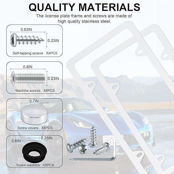 LivTee 4 Holes Stainless Steel License Plate Frames, 2 PCS Car Licence Plate Covers, Automotive Exterior Accessories Slim Design with Bolts Washer Caps for US Vehicles, White