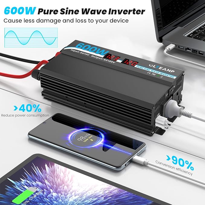 600W Power Inverter Pure Sine Wave Inverter 12V DC to 120V AC Converter for Car, Truck, Home, Vehicles, Laptop, Car Inverter 12V to 110V with 2 AC Outlets, 2 USB Ports, LCD Display