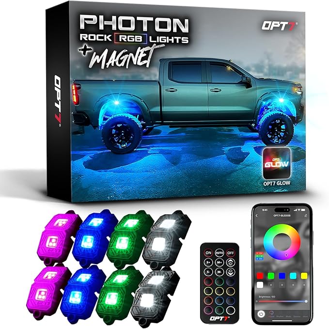 OPT7 Photon RGB LED Magnet Rock Lights with APP & Remote Control, 8 Black Pods Wide Angle Multicolor Neon Underglow Lighting Kit with Extension Wire, IP68 Waterproof for Offroad Truck Jeep RZR ATV UTV