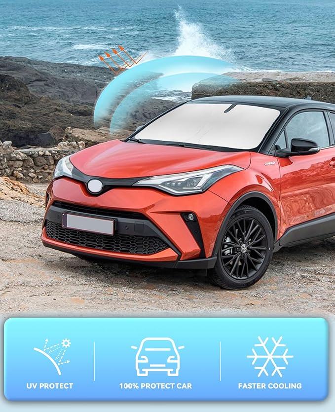 Sun Shade for C-HR CHR Windshield Sunshades Cover Front Window Shields Custom Fit for 2018-2022 2023 2024 2025 Toyota C-HR Accessories 240T Reflective Sun Visor Protector Blocks UV Rays & Heat Damage