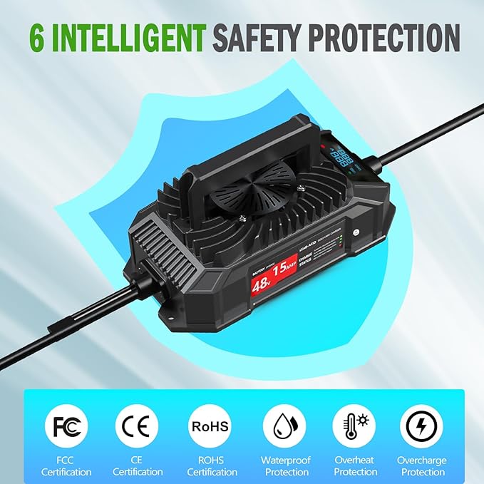 Xislet 15 AMP 48 Volt Golf Cart Battery Charger Compatible with 1995-2025 Club Car Precedent & DS, Round Plug Cable, Lightweight, Waterproof, LED Screen Display, for Lead Acid Battery - Black