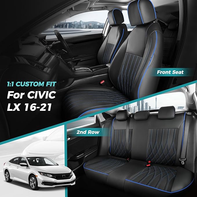 Seat Covers for Honda Civic Sedan LX 2016 2017 2018 2019 2020 2021, Faux Leather Car Seats Cover Full Set (Rear Row Solid & No Folding Backrest)-BlackBlue