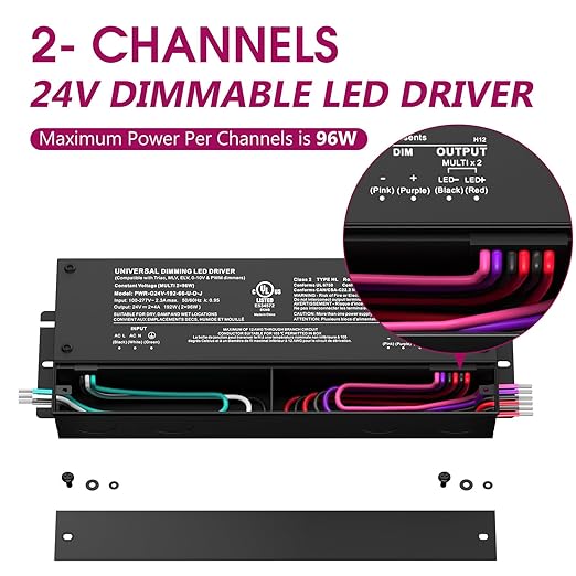 EMITEVER 192W Dimmable LED Driver, 24V 5-in-1 Dimmable Power Supply,2-Channels AC to DC Transformer for LED Light, Compatible with Lutron and Leviton Dimmer, Waterproof IP67 and UL Listed, Class 2