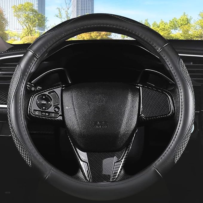 Leather Car Steering Wheel Cover 15 inch Universal Fit Microfiber Steering Wheel Cover Anti-Slip, Soft, Breathable, Full Surround Car Wheel Cover