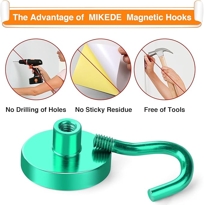 MIKEDE Magnetic Hooks, 40Lbs+ Heavy Duty Magnet Hooks for Cruise Cabins, Super Neodymium Hanging Hooks Strong Magnets with Hook for Fridge, Magnetic Hanger for Grill, Toolbox, Storage(Green, 4 Pack)