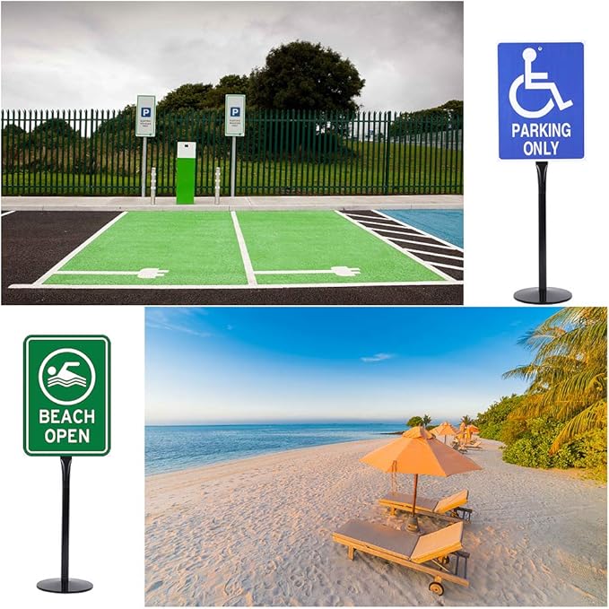 Heavy Duty Cast Iron Sign Post and Base Kit - 12" DIA Stand with 48" Post and Bolts & Nuts for Hanging Signs, Portable Sign Holder for Parking and Recreational Use