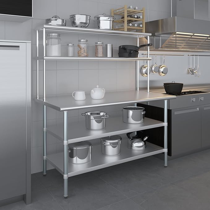 AmGood Stainless Steel Work Table with 2 Shelves | NSF (30" x 60" Table with 2 Shelves + 12" Overshelf)