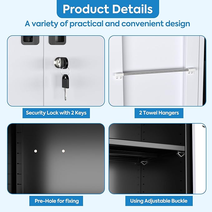 Broom Closet Storage Cabinet with Hanging Rod, 71" H Metal Garage Storage Cabinet with Wheels and 4 Adjustable Shelves, Locking Broom Closet with 13 Hooks for Garage, Bathroom, Home