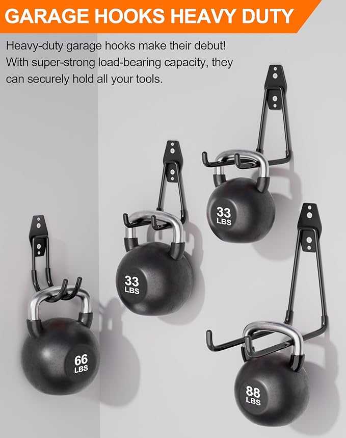 QcoQce 12 Pack Garage Hooks Heavy Duty, Wall Mount Utility Hooks with Extension Cord Straps, Anti-Slip Coating for Bike, Ladder, Hose, Garage Organization, Includes Screws (Black)