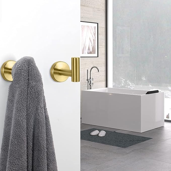 NearMoon Bath Towel Hooks- SUS 304 Stainless Steel Robe Hook Holder, Heavy Duty Coat Hook for Bathroom Livingroom Hotel Kitchen Garage, Wall Mounted (Brushed Gold, 4 Pack)