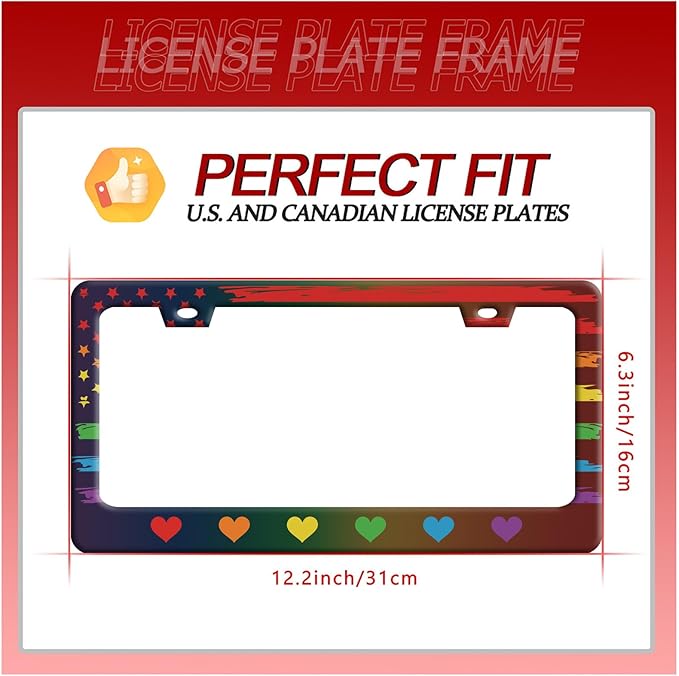Rainbow Heart License Plate Frame Gay Pride LGBT License Plate Frames Stainless Steel Accessories Cars Decor with 2 Holes and Screws Fits Standard US CA Vehicles Size 12.2 x 6 Inches