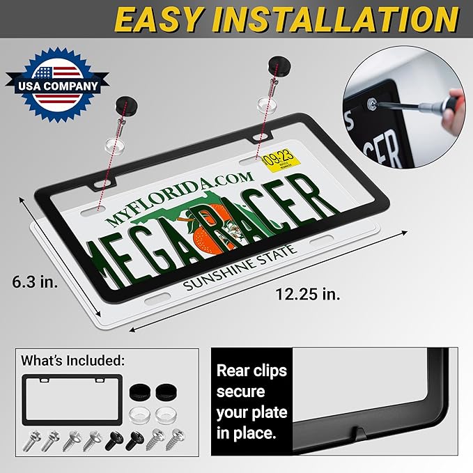 Premium Slim Matte Black License Plate Frame – 1 Pack, Rust-Free Stainless Steel & Rattle-Free, Street Legal, Universal with Screw Covers, Thin Edged Metal Front or Rear Car Tag Holder for Men & Women