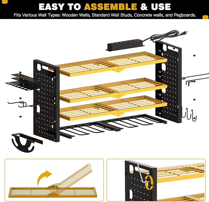 Power Tool Organizer Wall Mount with Charging Station 4 Layer 6 Slot Cordless Drill Holder with Angle Grinder Holder (Yellow)