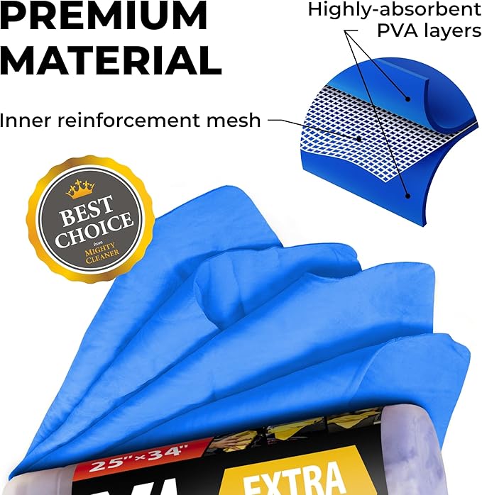 Premium XL Shammy Towel for Car - 2pk (34"x25") - Super Absorbent Chamois Cloth for Drying - Spots & Scratch-Free, Reusable