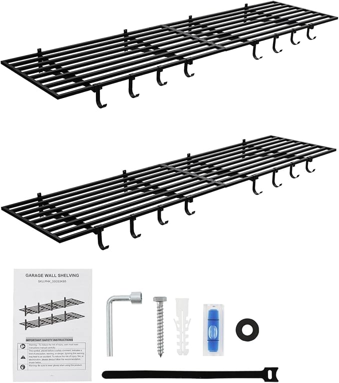 2 Pack Heavy Duty Garage Wall Shelves, 2x4ft Wall Mount Storage Shelf with Hooks, Shelf Warehouse Organization System, Rack Shelving, Holds 200 Lbs Each for Shop, Garage Storage