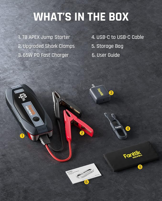 FANTTIK T8 APEX 2000 Amp Jump Starter, 65W Two-Way Fast Charging, for Up to 8.5L Gas and 6L Diesel Engines, Digital Screen, 12V Car Battery Booster Standard Package-Yellow