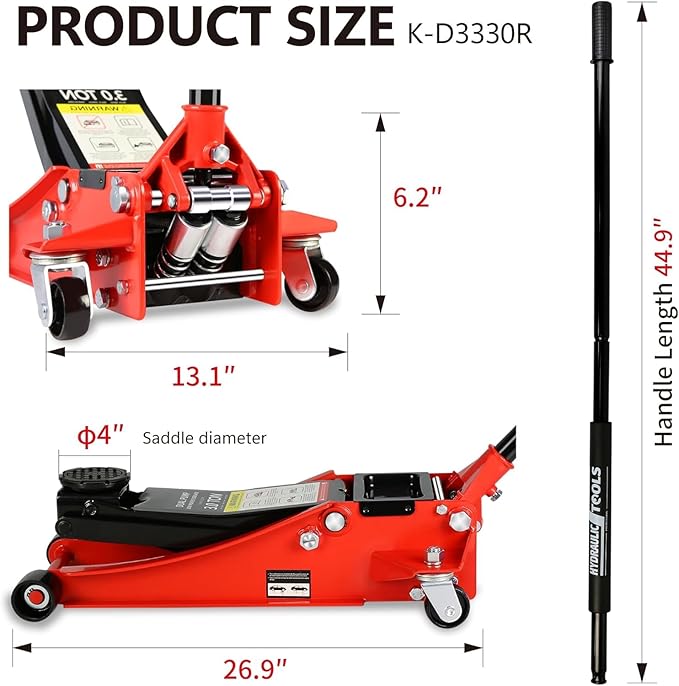 3 Ton Low Profile Floor Jack, Heavy Duty Floor Jack with Dual Pistons Quick Lift Pump, Steel Car Jack Adjustable Height 3.3"-18.5", Hydraulic Trolley Floor Jacks 3 Ton/6600 LB Capacity, Red