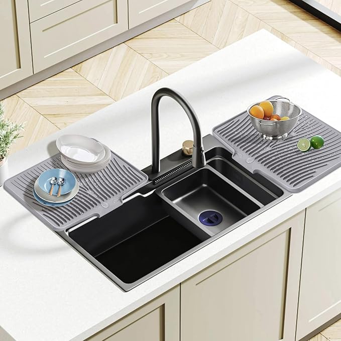 Dish Drying Mat, Stone Drying Mat for Kitchen Counter with Built-in Drain, Non-Slip Drying Matt Kitchen Counter, Heat Resistant Silicone Drying Mat, Dish Drying Pad, 2 Pcs(Grey 19.7" x 17")