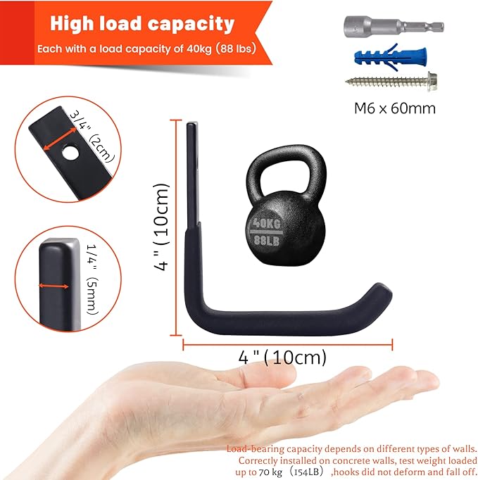 4 Pack Garage Storage Hooks, Ladder Hangers, Steel Wall Mount Hooks, Utility Hooks for Hanging Heavy Duty Shed Tools, Ropes, Garden Hoses, Shovel, Bulk Items, etc.（88lbs, 4Inch）