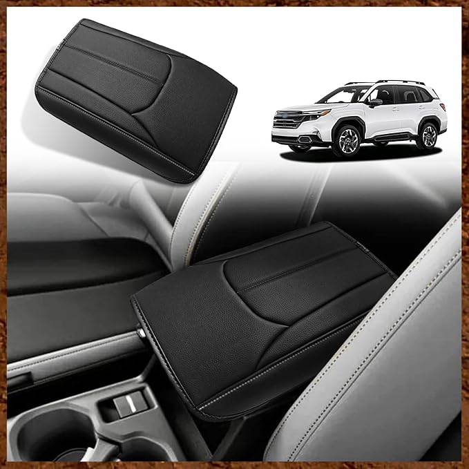 Muslogy Center Console Cover Compatible with Subaru Forester 2025 Accessories Armrest Cover Lid Cushion Protector Anti-Scratch Vegan Leather Extra Soft (Black/Gray Stitching)