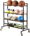 MyGift Sports Ball Organizer for Garage with Wheels, 4 Tier Large Heavy Duty Basketball Holder Stand, Black Metal Sports Equipment Storage Rack with Burnt Solid Wood Shelf, and 2 Basket Training Equip