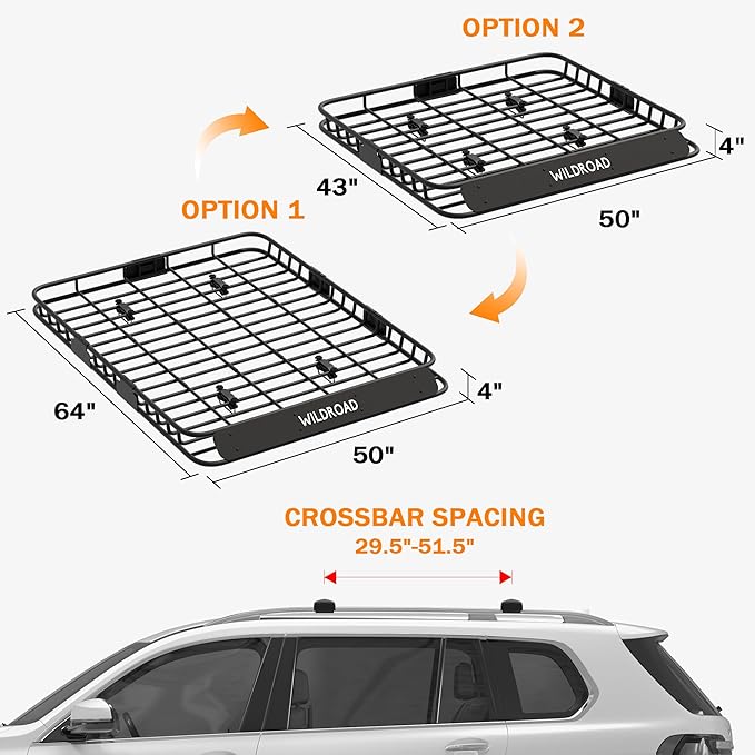 Wildroad Roof Rack Cargo Basket, Upgraded 4” Fence Wide Car Roof Basket, 64"x 50"x 4" Universal Car Top Carrier Basket with Super Duty Bungee Cargo Net and Ratchet Straps Fits for SUV Truck Cars