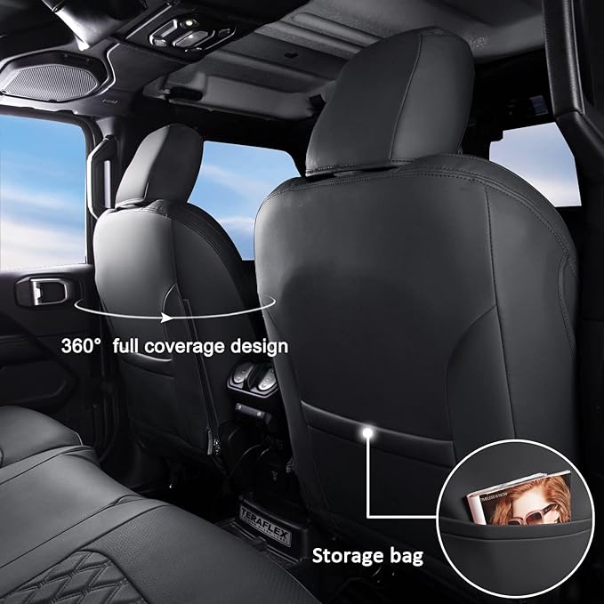GIANT PANDA Customized Front Car Seat Covers for Jeep Wrangler 2/4 Door JL Sahara Sport Rubicon Unlimited Willys 4xe 2018 2019 2020 2021 2022 2023 2024 2025,Faux Leather - (Black)
