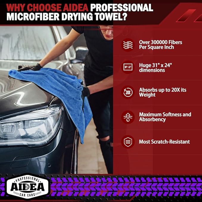 AIDEA Microfiber Towels for Cars-2PK, Large Professional Car Drying Towel, Scratch-Free & Absorbent Drying Towel for Cars, SUVs, RVs, Trucks, and Boats, 24inx 31in, Blue