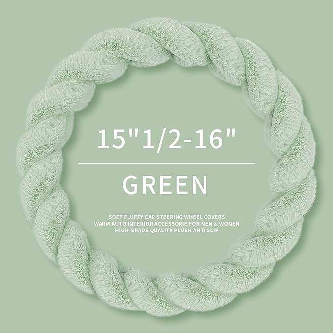 Luxury Fluffy Winter Car Steering Wheel Cover for Women Soft Warm Cute Auto Accessories for Jeep, Truck, Van, F150, Universal, Fuzzy, Anti Slip, Green, Large Size, 15.2-16in