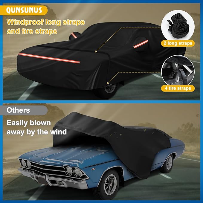 QUNSUNUS Waterproof Car Cover for Chevelle Malibu SS Sedan/Coupe 1964-1972, Outdoor Car Cover with Zipper, Full Exterior Car Covers for Automobiles All Weather with Wind, Sun, UV and Dust Protection