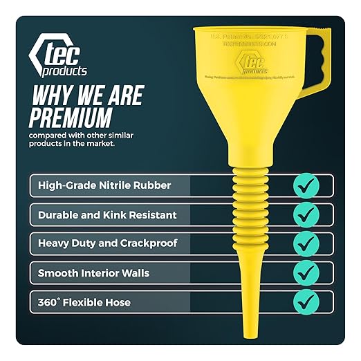 FlexAll Long Flexible Funnel for Automotive Use - Durable Nitrile Rubber - Ideal for Car Oil Change, Transmission Funnel Fluid, Diesel, Fuel, Gas - Made in USA - Yellow (12 x 4 Inches)