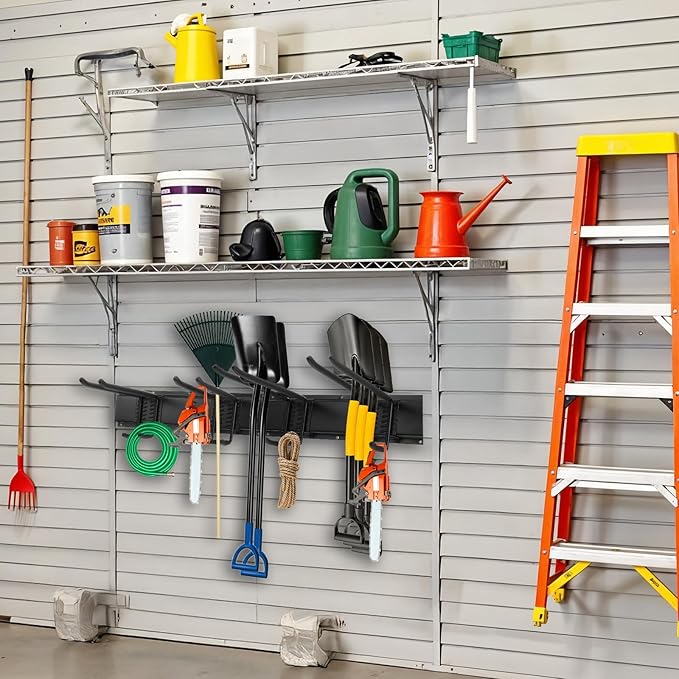 Garage Storage Rack Hooks, 32 Inch Heavy Duty Wall Mount Garage Organization with 2 Rails and 4 Adjustable Double Wall Hooks,Hanging Shelves for Garden Tool/Broom/Mop(Black)