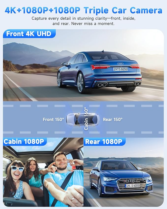 3 Channel Dash Cam, SARMERT 4K Dash Cam Front Inside and Rear with Free 64GB Card, 4K+1080P+1080P Car Camera, G-Sensor, WDR, APP, 5G WiFi, Night Vision, 24H Parking Monitor
