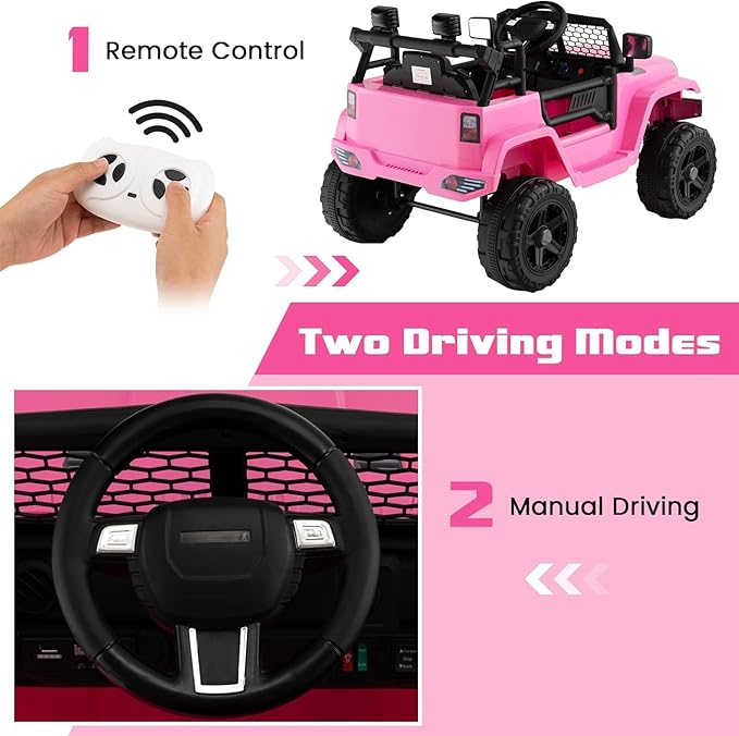 OLAKIDS Kids Ride On Truck, 12V Electric Vehicle Jeep Car with Remote Control, Toddlers Battery Powered Toy with 2 Speeds, Spring Suspension, Double Open Doors, LED Lights, Music, TF, USB, Mp3 (Pink)