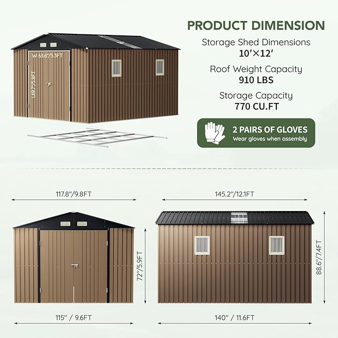 10x12 FT Outdoor Metal Storage Shed with Floor Frame, Double Swing Doors, 2 Clear Windows, Replaceable Skylight Roof Panel, Tool Shed for Garden, Patio, Backyard Brown