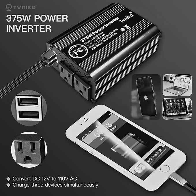 375W/750W(Peak) car Power Inverter 12V to 110V dc to ac with Cigarette Lighter inverters for Vehicles car Camping Truck Trailer with 2 USB outlets-375W